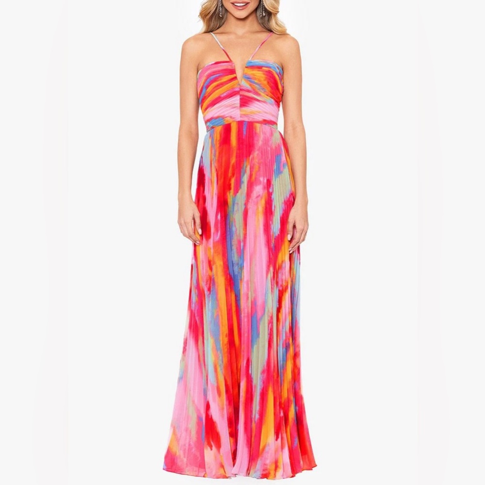 XScape Abstract Print Pleated Chiffon Halter Neckline Sleeveless Maxi Dress